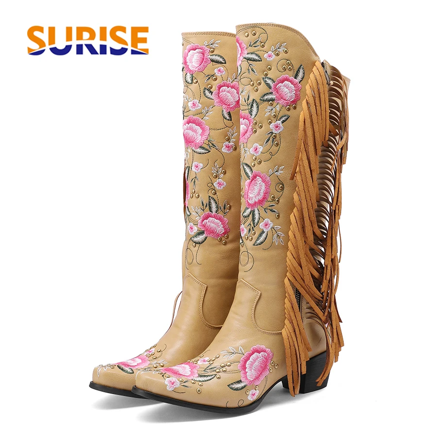 Ethnic And Fashion - Mode broderie fleur Western genou bottes